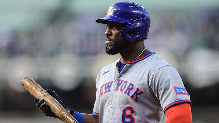 Jun 6, 2025; Denver, Colorado, USA; New York Mets designated hitter Starling Marte (6) in the first inning against the Colorado Rockies at Coors Field. Mandatory Credit: Isaiah J. Downing-Imagn Images Jun 6, 2025; Denver, Colorado, USA; New York Mets designated hitter Starling Marte (6) in the first inning against the Colorado Rockies at Coors Field. Mandatory Credit: Isaiah J. Downing-Imagn Images