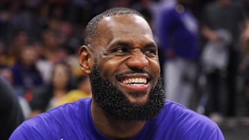 Oct 14, 2022; Sacramento, California, USA; Los Angeles Lakers small forward LeBron James (6) smiles from the bench during the fourth quarter against the Sacramento Kings at Golden 1 Center. Mandatory Credit: Kelley L Cox-Imagn Images