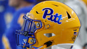 Oct 14, 2023; Pittsburgh, Pennsylvania, USA;  A Pittsburgh Panthers helmet on the sidelines against the Louisville Cardinals during the fourth quarter at Acrisure Stadium. Mandatory Credit: Charles LeClaire-Imagn Images