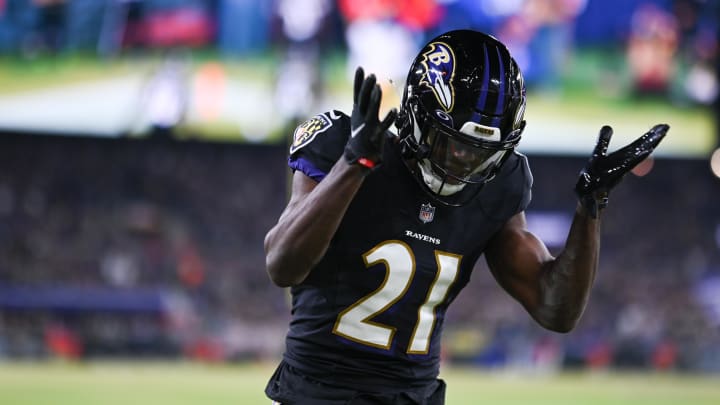 Jan 1, 2023; Baltimore, Maryland, USA; Baltimore Ravens cornerback Brandon Stephens (21) reacts after a play during the first quarter against the Pittsburgh Steelers  at M&T Bank Stadium. Mandatory Credit: Tommy Gilligan-USA TODAY Sports