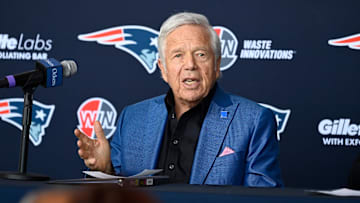 Jan 17, 2024; Foxborough, MA, USA; New England Patriots owner Robert Kraft addresses media at a
