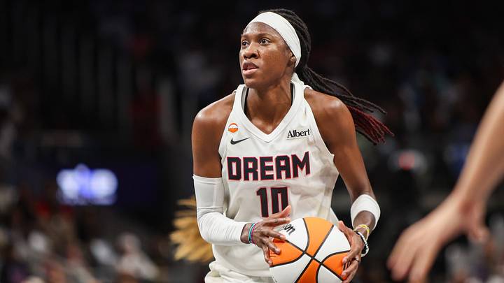 Oct 4, 2026; Atlanta, Georgia, USA; Atlanta Dream guard Rhyne Howard (10) shoots against the New York Liberty in the third quarter during game one of the second round for the 2026 WNBA Playoffs at State Farm Arena. Mandatory Credit: Brett Davis-Imagn Images