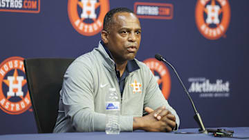 Aug 1, 2023; Houston, Texas, USA; Houston Astros general manager Dana Brown speaks with media before the game against the Cleveland Guardians at Minute Maid Park. Mandatory Credit: Troy Taormina-Imagn Images