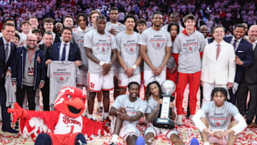 Mar 1, 2025; New York, New York, USA;  The St. John's basketball team pose for a team photo after defeating the Seton Hall Pirates 71-61 to win the Big East Regular Season Champiosnhip at Madison Square Garden. Mandatory Credit: Wendell Cruz-Imagn Images