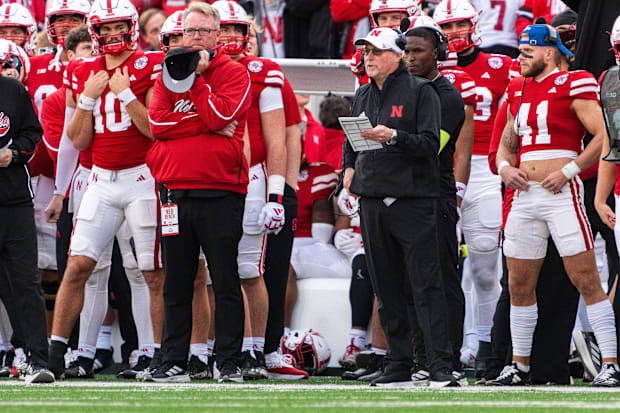 Nebraska Cornhuskers assistant coach Dana Holgorsen on the sideline during the second quarter against the Wisconsin Badgers.