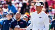 Ole Miss head coach Lane Kiffin reacts to an official during a college football game between Ole Miss and LSU at Vaught-Hemingway Stadium in Oxford, Miss., on Saturday, Sept. 27, 2025.