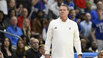 Mar 20, 2025; Providence, RI, USA;  Kansas Jayhawks head coach Bill Self reacts during the first half against the Arkansas Razorbacks at Amica Mutual Pavilion. Mandatory Credit: Eric Canha-Imagn Images