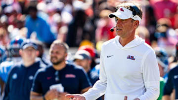 Ole Miss head coach Lane Kiffin reacts to an official during a college football game between Ole Miss and LSU at Vaught-Hemingway Stadium in Oxford, Miss., on Saturday, Sept. 27, 2025.
