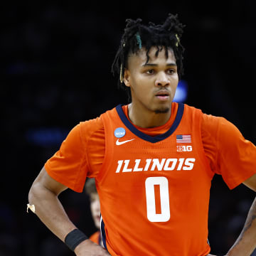 Mar 30, 2024; Boston, MA, USA; Illinois Fighting Illini guard Terrence Shannon Jr. (0) reacts against the Connecticut Huskies in the finals of the East Regional of the 2024 NCAA Tournament at TD Garden. Mandatory Credit: Winslow Townson-USA TODAY Sports