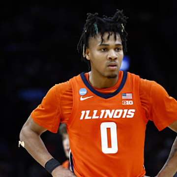 Mar 30, 2024; Boston, MA, USA; Illinois Fighting Illini guard Terrence Shannon Jr. (0) reacts against the Connecticut Huskies in the finals of the East Regional of the 2024 NCAA Tournament at TD Garden. Mandatory Credit: Winslow Townson-Imagn Images