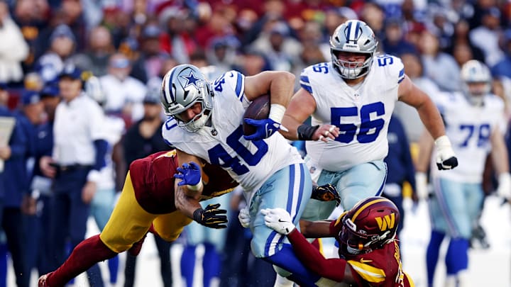 Nov 24, 2024; Landover, Maryland, USA; Dallas Cowboys running back Hunter Luepke (40) runs the ball against Washington Commanders safety Percy Butler (35) during the fourth quarter at Northwest Stadium. Mandatory Credit: Peter Casey-Imagn Images Nov 24, 2024; Landover, Maryland, USA; Dallas Cowboys running back Hunter Luepke (40) runs the ball against Washington Commanders safety Percy Butler (35) during the fourth quarter at Northwest Stadium. Mandatory Credit: Peter Casey-Imagn Images