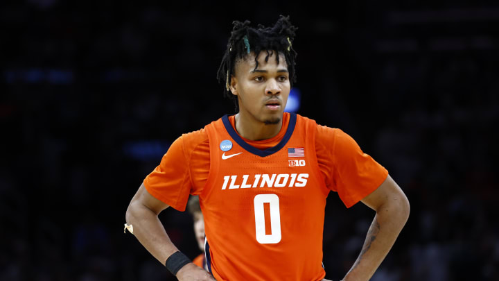 Mar 30, 2024; Boston, MA, USA; Illinois Fighting Illini guard Terrence Shannon Jr. (0) reacts against the Connecticut Huskies in the finals of the East Regional of the 2024 NCAA Tournament at TD Garden. Mandatory Credit: Winslow Townson-USA TODAY Sports