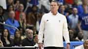 Mar 20, 2025; Providence, RI, USA;  Kansas Jayhawks head coach Bill Self reacts during the first half against the Arkansas Razorbacks at Amica Mutual Pavilion. Mandatory Credit: Eric Canha-Imagn Images