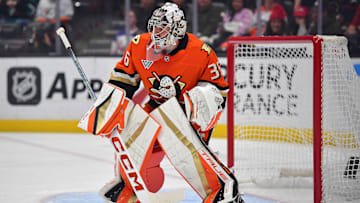 Nov 15, 2024; Anaheim, California, USA; Anaheim Ducks goaltender John Gibson (36) defends the goal against the Detroit Red Wings during the first period at Honda Center. Mandatory Credit: Gary A. Vasquez-Imagn Images