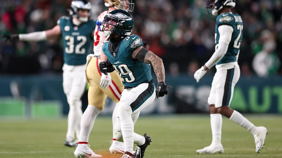 Jan 11, 2026; Philadelphia, PA, USA; Philadelphia Eagles safety Marcus Epps (39) reacts after a play against the San Francisco 49ers during the third quarter in an NFC Wild Card Round game at Lincoln Financial Field. Mandatory Credit: Bill Streicher-Imagn Images