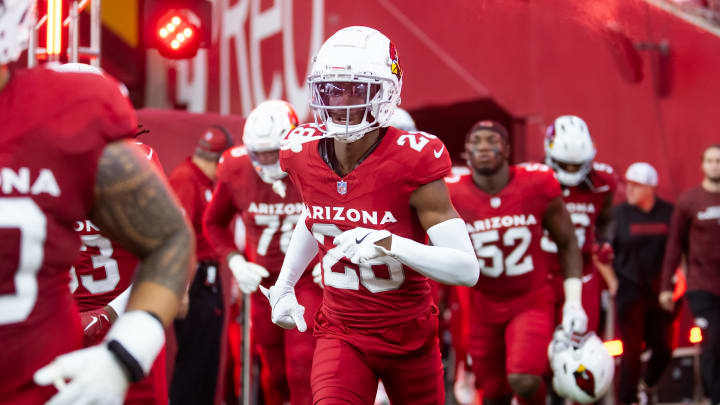 Aug 10, 2024; Glendale, Arizona, USA; Arizona Cardinals cornerback Elijah Jones (28) against the New Orleans Saints during a preseason NFL game at State Farm Stadium. Mandatory Credit: Mark J. Rebilas-USA TODAY Sports
