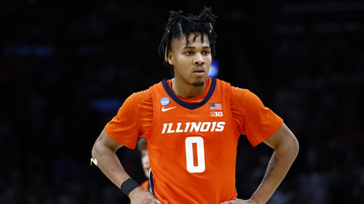 Mar 30, 2024; Boston, MA, USA; Illinois Fighting Illini guard Terrence Shannon Jr. (0) reacts against the Connecticut Huskies in the finals of the East Regional of the 2024 NCAA Tournament at TD Garden. Mandatory Credit: Winslow Townson-USA TODAY Sports