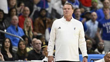 Mar 20, 2025; Providence, RI, USA;  Kansas Jayhawks head coach Bill Self reacts during the first half against the Arkansas Razorbacks at Amica Mutual Pavilion. Mandatory Credit: Eric Canha-Imagn Images