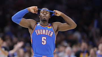 Oct 21, 2025; Oklahoma City, Oklahoma, USA; Oklahoma City Thunder guard Luguentz Dort reacts after a play against the Houston Rockets during the second half at Paycom Center. Mandatory Credit: Alonzo Adams-Imagn Images