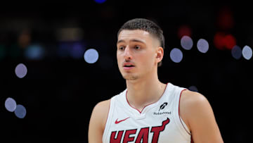 Oct 28, 2025; Miami, Florida, USA; Miami Heat forward Nikola Jovic (5) looks on against the Charlotte Hornets during the fourth quarter at Kaseya Center. Mandatory Credit: Sam Navarro-Imagn Images