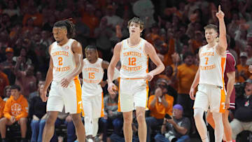 Tennessee walks off the court for a time out during a men’s college basketball game between Tennessee and South Carolina at Thompson-Boling Arena at Food City Center, Saturday, March 8, 2025.