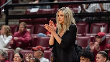 Florida State women’s basketball head coach Brooke Wycoff coaches her team from the sidelines during a game against the Clemson Tigers on Thursday, Jan. 16, 2025.