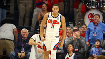 Mar 5, 2025; Oxford, Mississippi, USA; Mississippi Rebels guard Matthew Murrell (11) reacts against the Tennessee Volunteers during the first half at The Sandy and John Black Pavilion at Ole Miss. Mandatory Credit: Wesley Hale-Imagn Images