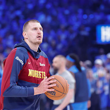 May 18, 2025; Oklahoma City, Oklahoma, USA; Denver Nuggets center Nikola Jokic (15) warms up before game seven of the second round against the Oklahoma City Thunder for the 2025 NBA Playoffs at Paycom Center. Mandatory Credit: Alonzo Adams-Imagn Images