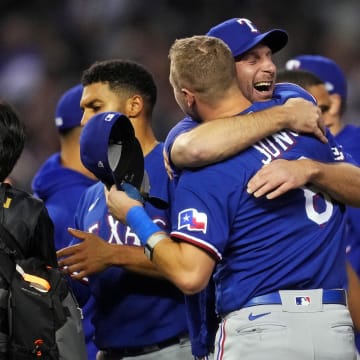 Texas Rangers pitcher Max Scherzer celebrates with third baseman Josh Jung (6) celebrate after the Texas Rangers beat the Arizona Diamondbacks to win the World Series in game five of the 2023 World Series at Chase Field in Phoenix on Nov. 1, 2023.