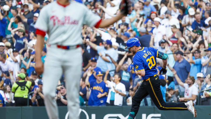 Seattle Mariners first baseman Luke Raley (20) runs the bases after hitting a three-run home run against the Philadelphia Phillies during the second inning at T-Mobile Park on Aug 2.