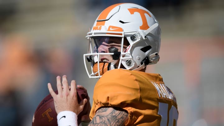 Tennessee quarterback Brian Maurer (18) warms up before a game between Tennessee and Kentucky at Neyland Stadium in Knoxville, Tenn. on Saturday, Oct. 17, 2020.

101720 Tenn Ky Pregame