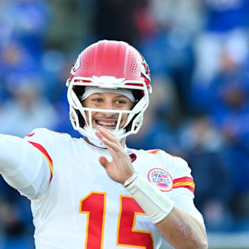 Nov 2, 2025; Orchard Park, New York, USA; Kansas City Chiefs quarterback Patrick Mahomes (15) warms up before the game against the Buffalo Bills at Highmark Stadium. Mandatory Credit: Mark Konezny-Imagn Images