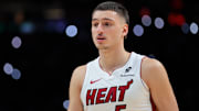 Oct 28, 2025; Miami, Florida, USA; Miami Heat forward Nikola Jovic (5) looks on against the Charlotte Hornets during the fourth quarter at Kaseya Center. Mandatory Credit: Sam Navarro-Imagn Images