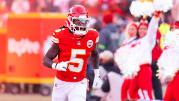 Jan 26, 2025; Kansas City, MO, USA; Kansas City Chiefs wide receiver Hollywood Brown (5) against the Buffalo Bills in the AFC Championship game at GEHA Field at Arrowhead Stadium. Mandatory Credit: Mark J. Rebilas-Imagn Images
