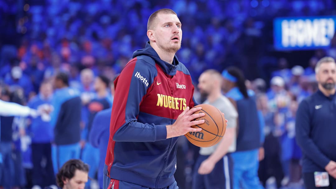 May 18, 2025; Oklahoma City, Oklahoma, USA; Denver Nuggets center Nikola Jokic (15) warms up before game seven of the second round against the Oklahoma City Thunder for the 2025 NBA Playoffs at Paycom Center. Mandatory Credit: Alonzo Adams-Imagn Images