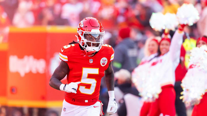 Jan 26, 2025; Kansas City, MO, USA; Kansas City Chiefs wide receiver Hollywood Brown (5) against the Buffalo Bills in the AFC Championship game at GEHA Field at Arrowhead Stadium. Mandatory Credit: Mark J. Rebilas-Imagn Images