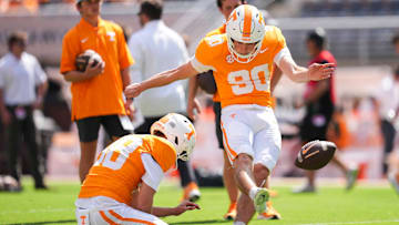 Tennessee place kicker Max Gilbert (90) kicks a field goal before a NCAA football game between Tennessee and Georgia at Neyland Stadium in Knoxville, Tennessee, on September 13, 2025.