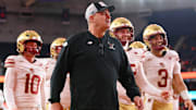 Nov 29, 2025; Syracuse, New York, USA; Boston College Eagles head coach Bill O'Brien walks off the field prior to the game against the Syracuse Orange at the JMA Wireless Dome. Mandatory Credit: Rich Barnes-Imagn Images