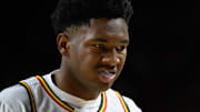 Feb 16, 2025; College Park, Maryland, USA; Maryland Terrapins center Derik Queen (25) looks on during the second half against the Iowa Hawkeyes at Xfinity Center. Mandatory Credit: Reggie Hildred-Imagn Images