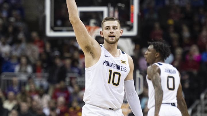 Mar 8, 2023; Kansas City, MO, USA; West Virginia Mountaineers guard Erik Stevenson (10) reacts against the Texas Tech Red Raiders in the second half at T-Mobile Center. Mandatory Credit: Amy Kontras-Imagn Images