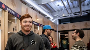 Boston Red Sox pitching prospect Hunter Dobbins inside the Red Sox clubhouse at Fenway Park in Boston on Jan. 14, 2025.