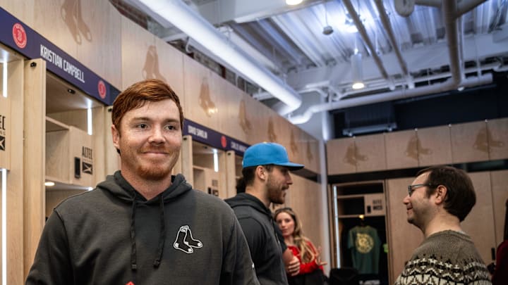 Boston Red Sox pitching prospect Hunter Dobbins inside the Red Sox clubhouse at Fenway Park in Boston on Jan. 14, 2025. Boston Red Sox pitching prospect Hunter Dobbins inside the Red Sox clubhouse at Fenway Park in Boston on Jan. 14, 2025.