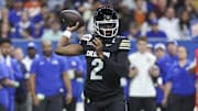 Dec 28, 2024; San Antonio, TX, USA; Colorado Buffaloes quarterback Shedeur Sanders (2) attempts a pass during the first quarter against the Brigham Young Cougars at Alamodome. Mandatory Credit: Troy Taormina-Imagn Images