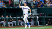 Jul 24, 2024; Arlington, Texas, USA; Texas Rangers first baseman Nathaniel Lowe (30) reacts after hitting a three run during the eighth inning against the Chicago White Sox at Globe Life Field. Mandatory Credit: Kevin Jairaj-USA TODAY Sports