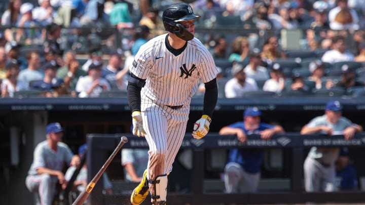 Aug 11, 2024; Bronx, New York, USA; New York Yankees left fielder Alex Verdugo (24) singles during the fifth inning against the Texas Rangers at Yankee Stadium. Mandatory Credit: Vincent Carchietta-USA TODAY Sports