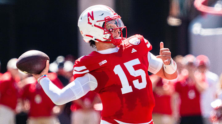 Aug 31, 2024; Lincoln, Nebraska, USA; Nebraska Cornhuskers quarterback Dylan Raiola (15) throws a pass against the UTEP Miners during the first quarter at Memorial Stadium.