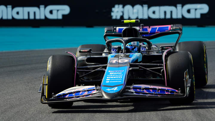 May 3, 2024; Miami Gardens, Florida, USA; Alpine driver Pierre Gasley (10) races out of turn 17 during F1 Sprint Qualifying at Miami International Autodrome.