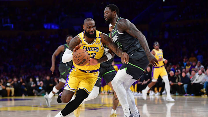 Los Angeles Lakers forward LeBron James drives against Minnesota Timberwolves star Julius Randle during the 2025 NBA Playoffs Los Angeles Lakers forward LeBron James drives against Minnesota Timberwolves star Julius Randle during the 2025 NBA Playoffs