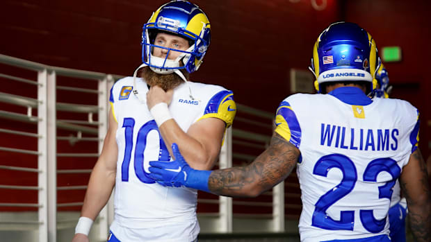 Los Angeles Rams wide receiver Cooper Kupp (10) prepares to take the field against the San Francisco 49ers.