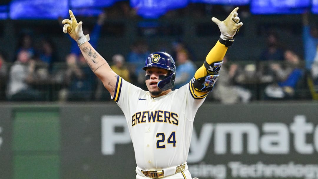 Mar 26, 2026; Milwaukee, Wisconsin, USA;  Milwaukee Brewers catcher William Contreras (24) reacts after hitting a double to drive in 3 runs in the second inning against the Chicago White Sox at American Family Field. Mandatory Credit: Benny Sieu-Imagn Images